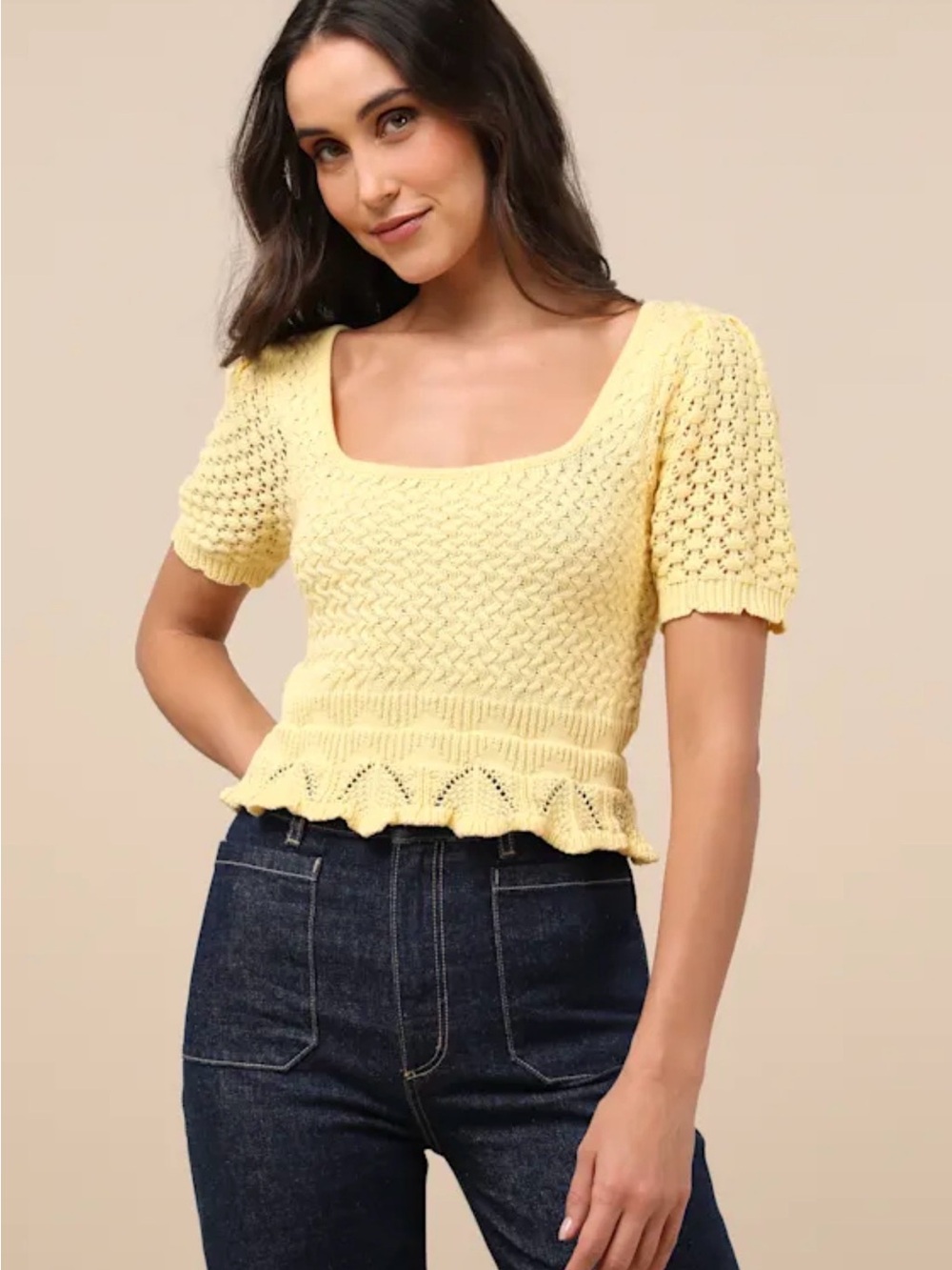 Lulus Lucky Cutie Bright Yellow Crochet Short Sleeve Sweater Cropped Top